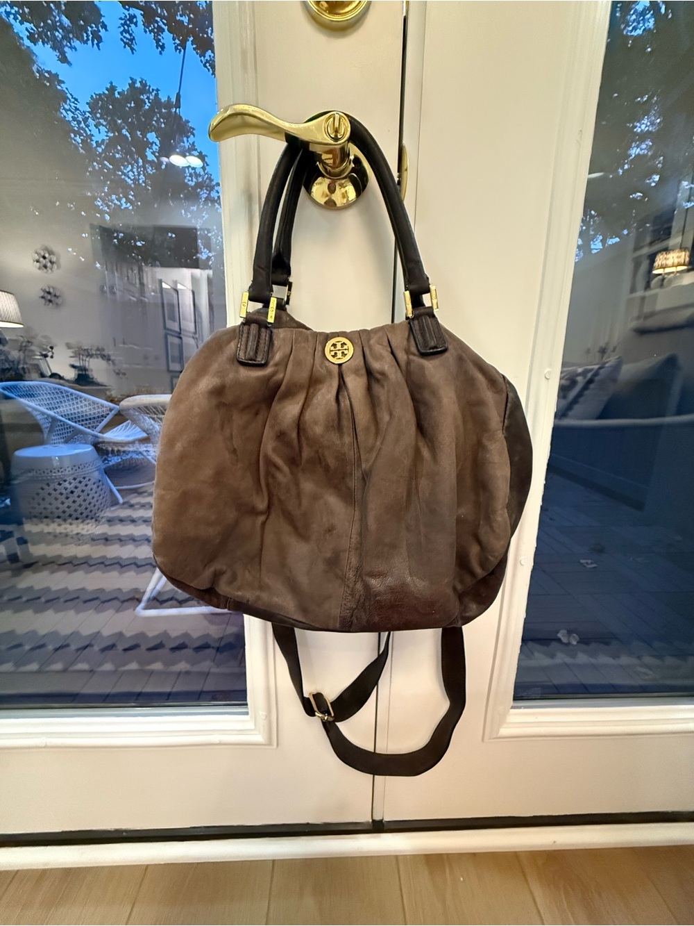 Tory Burch Dark Gray Leather Pleated Shoulder Bag with Gold Logo